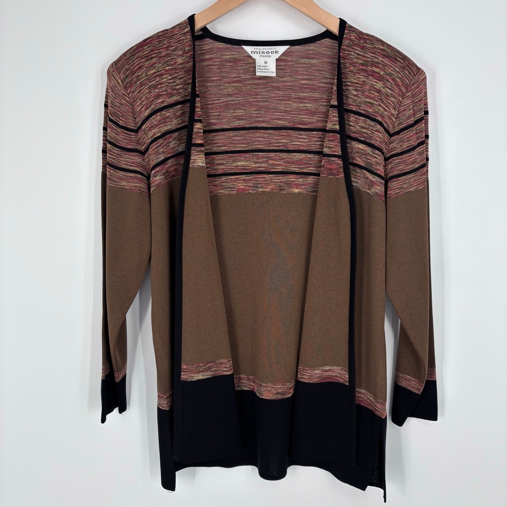 Misook Petite Open Front Knit Cardigan Sz M Brown Striped Colorblock Jacket FLAW
